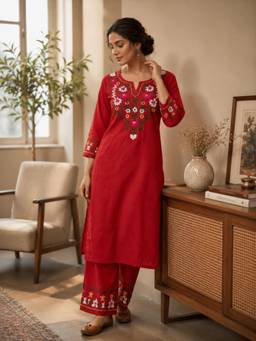 Gahan - Women Pure Cotton Red Woolen Embroidery Kurta with Pant