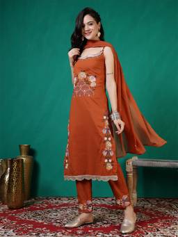 Gahan - Women Pure Cotton Sleeveless, Rust Embroidery Kurta with Pant & Dupatta