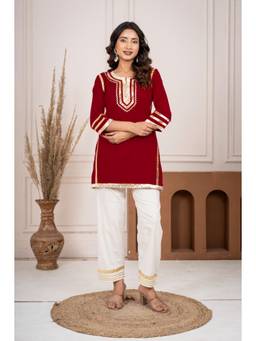 Gahan - Women Pure Cotton Red & Beige Gotta Patti Work Short Kurti with Pant