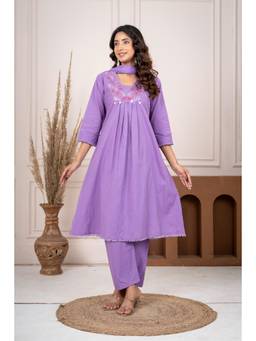 Gahan - Women Pure Cotton Lavender Yoke Embroidery A-line Kurta with Pant & Dupatta