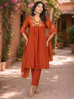 Gahan - Women Pure Cotton Rust Yoke Embroidery A-line Kurta with Pant & Dupatta