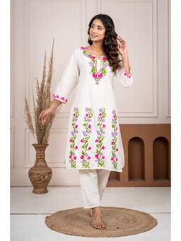 Gahan - Women Pure Cotton Mutlicolor Hand Embroidery Kurta with Pant - White