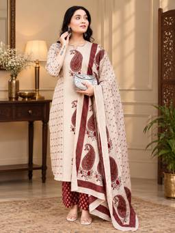 Gahan - Women Pure Cotton Beige Hand Work Kurta with Pant & Dupatta