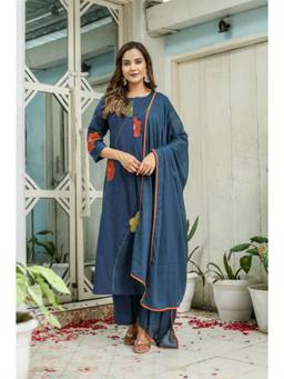 Gahan - Women Pure Cotton Blue Floral Embroidery Kurta with Pant & Dupatta