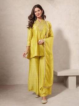Gahan - Women Motifs Embroidered Cotton Kurta and Palazzo with Dupatta - Yellow