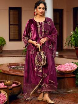 Gahan - Women Floral Embroidered Anarkali Thread Work Kurta with Pant & Dupatta - Wine