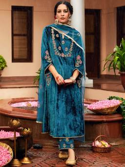 Gahan - Women Floral Embroidered Anarkali Thread Work Kurta with Pant & Dupatta - Teal