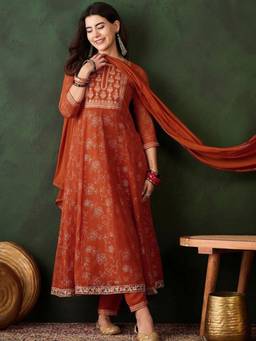 Gahan - Women Floral Printed Anarkali Thread Work Kurta with Pant & Dupatta - Rust
