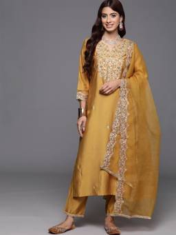 Gahan - Embroidered Kurta Fusion With Pant & Cotton Blend Dupatta - Yellow