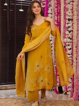 Gahan - Floral Printed Straight Kurta with Pant & Dupatta - Yellow