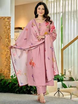 Gahan - Printed Kurta Fusion With Pant & Silk Blend Dupatta - Pink