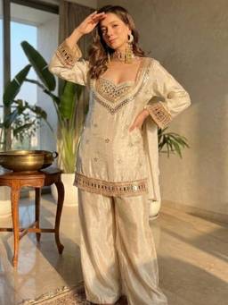 Gahan - Embroidered Mirror Work Kurta with Salwar & Dupatta - Cream