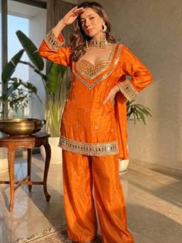 Gahan - Women Motifs Embroidered Regular Mirror Work Kurta with Salwar & Dupatta - Orange