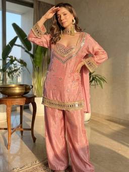 Gahan - Motifs Embroidered Mirror Work Kurta with Salwar & Dupatta - Pink