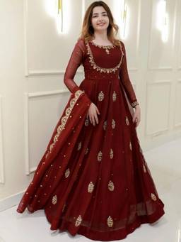Gahan - Embroidered Anarkali Kurta With Pant & Poly Georgette Dupatta - Maroon