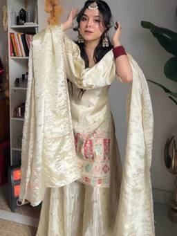 Gahan - Embroidered Kurta Festive With Palazzo & Silk Blend Dupatta - Cream