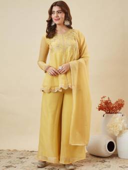 Gahan - Women Embroidered Regular Thread Work Silk Chiffon Kurta with Palazzo & Dupatta - Yellow