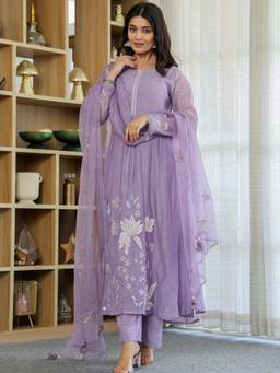 Gahan - Women Floral Embroidered Anarkali Sequinned Kurta with Pant & Dupatta - Lavender