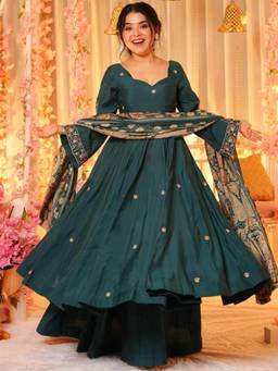 Gahan - Floral Embroidered Anarkali Kurta with Palazzo & Dupatta - Teal