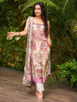 Gahan - Women Floral Printed Regular Kurta with Pant & Dupatta - White