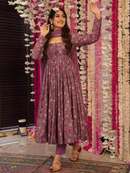 Gahan - Women Floral Printed Anarkali Kurta with Pant & Dupatta - Pink