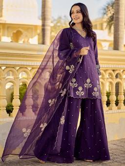 Gahan - Women Motifs Embroidered Regular Thread Work Kurta with Palazzo & Dupatta - Purple