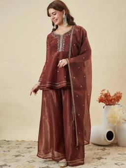 Gahan - Women Motifs Embroidered Thread Work Silk Chiffon Kurta with Palazzo & Dupatta - Brown
