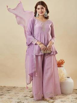 Gahan - Women Motifs Embroidered Silk Chiffon Kurta with Palazzo & Dupatta - Lavender