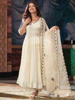 Gahan - Women Motifs Embroidered Anarkali Kurta with Palazzo & Dupatta - Cream