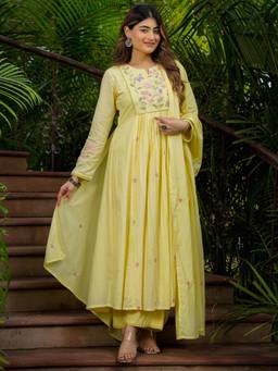 Gahan - Women Floral Embroidered Anarkali Thread Work Kurta with Palazzo & Dupatta - Yellow