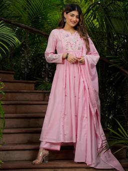 Gahan - Women Floral Embroidered Empire Thread Work Kurta with Palazzo & Dupatta - Pink