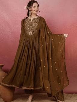 Gahan - Women Motifs Embroidered Anarkali Thread Work Kurta with Palazzo & Dupatta - Brown