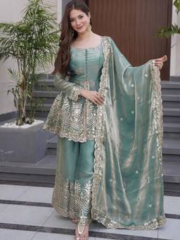Gahan - Women Motifs Embroidered Empire Sequinned Kurta with Palazzo & Dupatta - Blue
