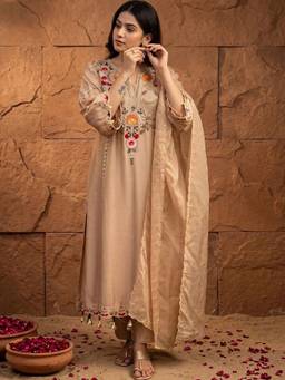 Gahan - Women Motifs Embroidered Regular Thread Work Chanderi Cotton Kurta with Pant & - Beige