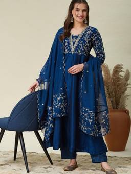 Gahan - Women Motifs Embroidered Anarkali Thread Work Kurta with Pant & Dupatta - Blue