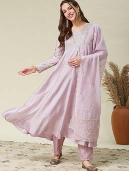 Gahan - Women Motifs Embroidered Anarkali Sequinned Kurta with Pant & Dupatta - Lavender