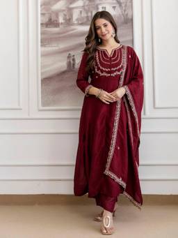 Gahan - Women Motifs Embroidered Anarkali Thread Work Kurta with Pant & Dupatta - Maroon