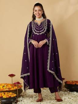 Gahan - Embroidered Anarkali Kurta With Pant & Silk Blend Dupatta - Purple