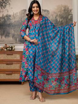 Gahan - Women Floral Printed Anarkali Thread Work Kurta with Pant & Dupatta - Blue