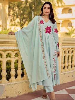 Gahan - Women Floral Embroidered Anarkali Thread Work Kurta with Pant & Dupatta - Blue