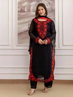 Gahan - Women Motifs Embroidered Thread Work Kurta with Pant & Dupatta - Black