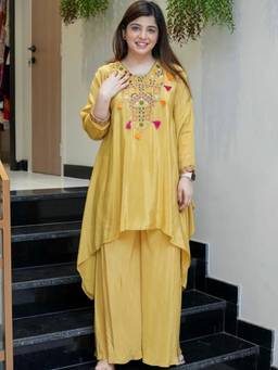 Gahan - Motifs Embroidered Tiered Thread Work Kurta with Palazzo - Yellow