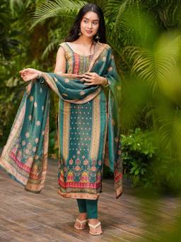 Gahan - Motifs Printed Straight Kurta with Pant & Dupatta - Green