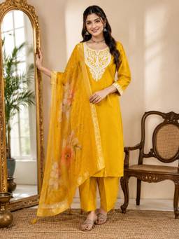 Gahan - Embroidered Silk Blend Kurta and Pant with Dupatta - Yellow