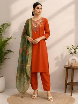 Gahan - Embroidered Silk Blend Kurta and Pant with Dupatta - Orange