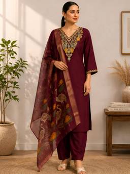 Gahan - Embroidered Silk Blend Kurta and Pant with Dupatta - Maroon