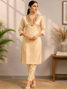 Gahan - Embroidered Silk Blend Co-Ord and Pant - Cream