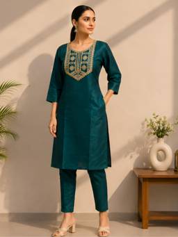 Gahan - Embroidered Silk Blend Co-Ord and Pant - Teal