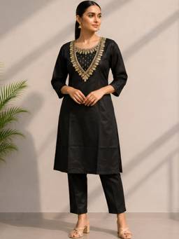 Gahan - Embroidered Silk Blend Co-Ord and Pant - Black