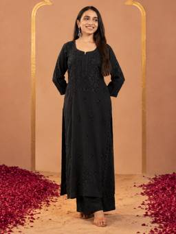 Gahan - Women Motifs Embroidered Kurta Thread Work Rayon Kurta with Palazzo - Black
